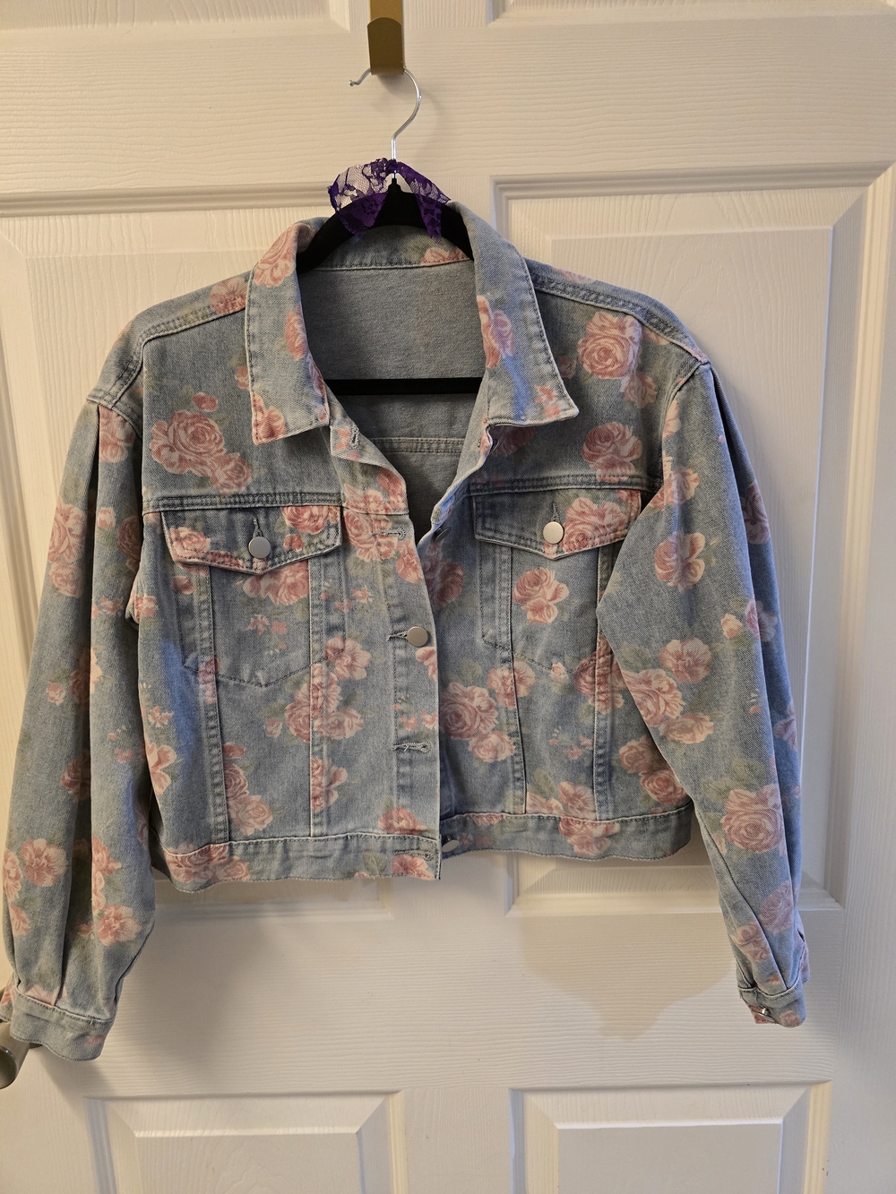 Cropped Floral Denim Jacket - Light Blue with Pink Roses
